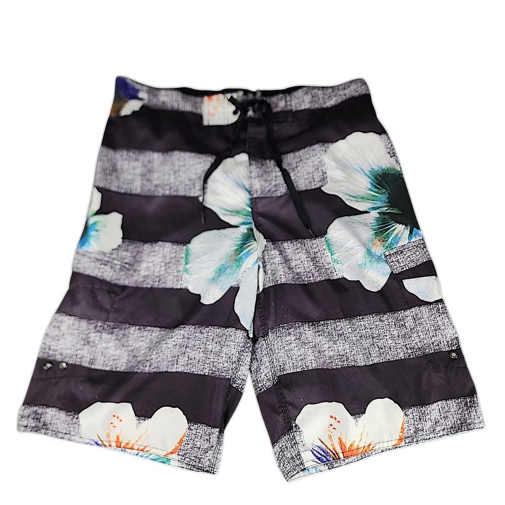 Hang Ten Board Shorts‎ sz 32 M Mens Stripe Black White Orange Hibiscus 12" 21"